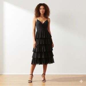 Mac Duggal Black Tiered Ruffle Midi Dress Size 10‎ Tea Length